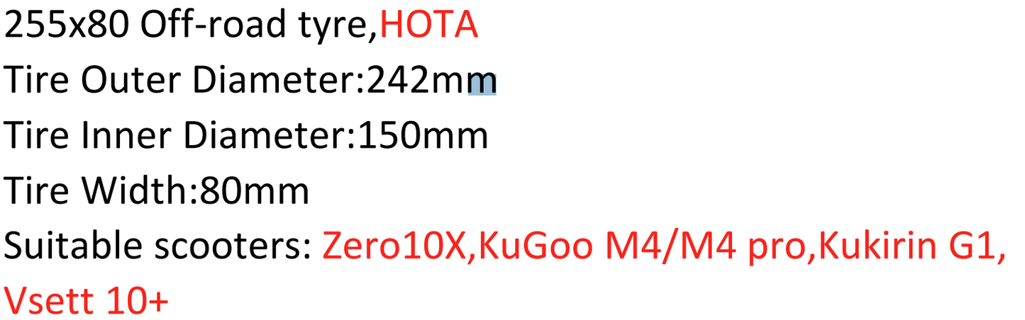 255X80 OFF ROAD TYRE FOR ZERO KUGOO VSETT dragon raptor